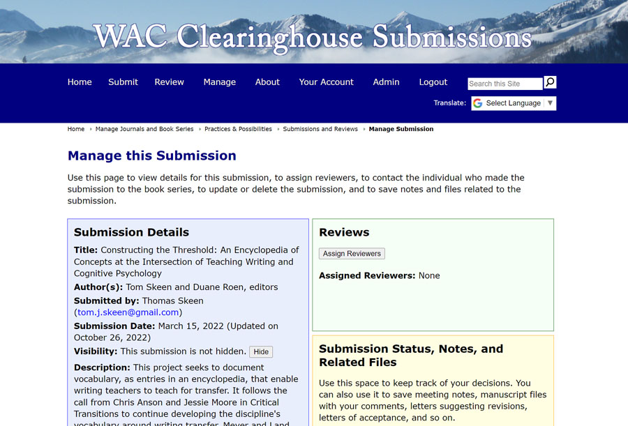 The View Submissions Page on the Clearinghouse Submissions Portal. Editors can assign reviewers by clicking on the Assign Reviewers button.