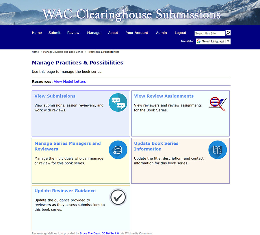 The Manage Publications Venue Page on the Clearinghouse Submissions Portal. It shows links that allows an editor to view and manage submissions, reviews, reviewers, and information about the venue.