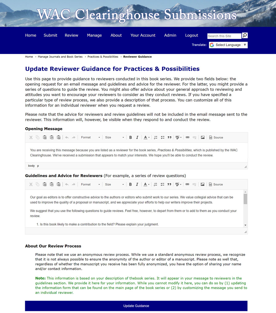 The Reviewer Guidance Page on the Clearinghouse Submissions Portal.