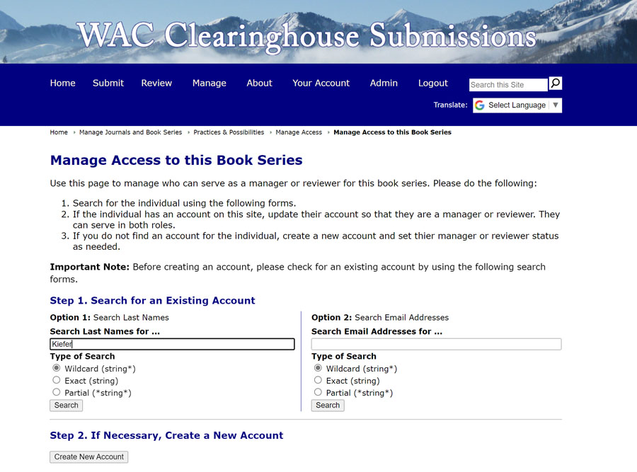 The Manage Access Page on the Clearinghouse Submissions Portal.